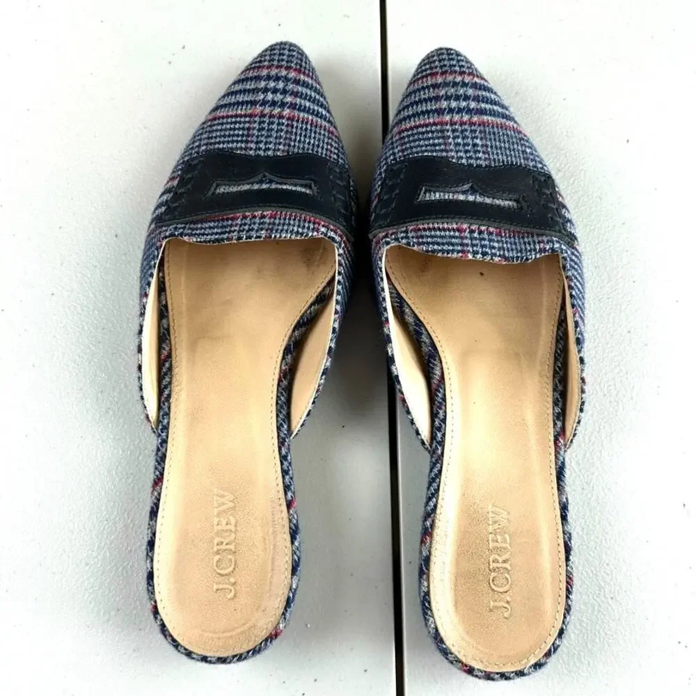 J. Crew Plaid Tweed Slip On Pointed Toe Cloth and Leather Flats Sz 6.5 MSRP $198